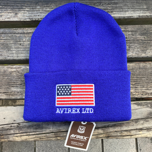 国内正規品 AVIREX アヴィレックス 星条旗 USA フラッグ ニット帽 ニットキャップ 青 ロイヤルブルー BLUE タグ付き 刺繍ロゴ 男女兼用 