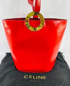 ◇1円 ★ 良品 CELINE セリーヌ ショルダーバッグ ビッグ サークルロゴ ゴールド金具 赤 レッド ヴィンテージ 保存袋 used