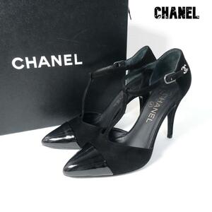 美品 CHANEL シャネル 37C 約24㎝ ココマーク ポインテッドトゥ ハイヒール パンプス エナメル×スエード アンクルストラップ 黒 ブラック