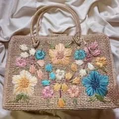 ● アンティーク ● 花刺繍 カゴBAG 籠 カラフル used 1点モノ‼︎