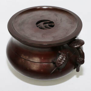 銅製 亀霊芝手付 大建水 茶溢 煎茶道具 茶器　茶こぼし　　M4588