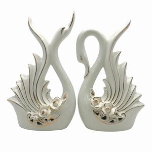 訳あり 置物 白鳥のカップル ローズの装飾 ヨーロピアン風 陶器製 2体セット (ホワイト)