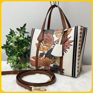 希少 美品 トリーバーチ 総柄 ペリー 2way ハンド ショルダー バッグ TORY BURCH スモール チャーム レザー 革 花柄 鳥 アニマル