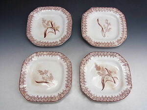 19世紀 古窯 茶染付 ボタニカル文様 豆皿 4枚組 ◆ 英国アンティーク 