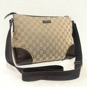 1円スタート！ 極美品 使用僅か GUCCI グッチ GG キャンバス レザー ショルダーバッグ GG柄 斜め掛け ブラウン 茶系 メンズ レディース