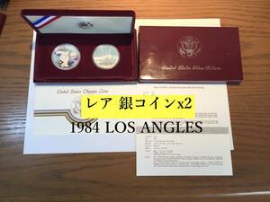 ○銀コイン 2枚 銀90%以上 1983 1984 ロサンゼルス オリンピック コイン プルーフ シルバー １ドル 記念コイン LOS ANGELES 1984 希少品！ 