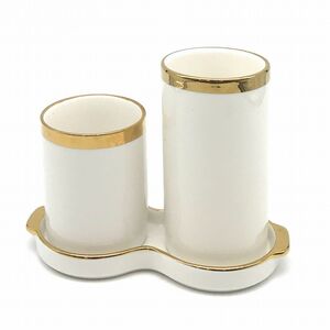 箸立て ゴールドカラーの縁取り バイカラー スタイリッシュ 大小2個セット 水受け皿付き 陶器製 (ホワイト)