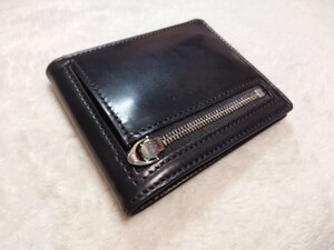 展示品 シェルコードバン 二つ折り財布 馬革 1円～ ホーウィン ブラック 黒色 グレンフィールド HORWEEN SHELL CORDOVAN 無料匿名配送♪