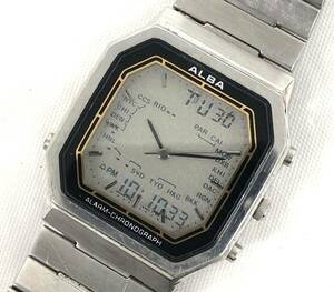 T05/024 セイコー ALBA アルバ 防水 時計 アナログ デジタル 腕時計 Y951-5060 二重面相 ワールドタイム 純正ブレス ステンレス シルバー