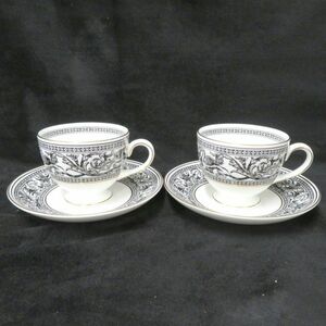 WEDGWOOD/ウェッジウッド フロレンティーン ブラック＆ゴールド ペア カップ＆ソーサー 2客セット