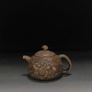 【聚寶齋*紫砂細密彫*金蟾壺】茶壺 茶道具 中国時代美術 容量：300cc