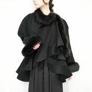 EU VINTAGE VOSS FUR DESIGN CASHMERE BREND WOOL CAPE COAT PONCHO/ヨーロッパ古着ファーデザインカシミヤ混ウールケープコート(ポンチョ)