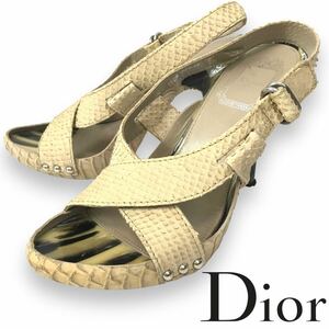 k124 Christian Dior ディオール パイソンレザー サンダル ヘビ柄 ベージュ 36.5 本革 レディース バックストラップ スタッズ 正規品