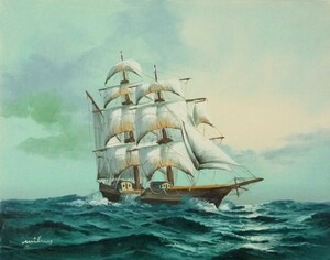 油彩画 洋画 肉筆油絵 F6号 「帆船 海景画」-81- 特価