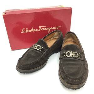 48 Salvatore Ferragamo サルヴァトーレ フェラガモ スエード ダブルガンチーニ ローファー スリッポン 靴 革靴 メンズ 8 茶 ブラウン