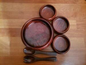 木製　食器 取り分け用　フォーク・スプーン付き サラダ ボウル　大皿×1点　小皿×3点　菓子鉢　菓子皿　菓子入れ