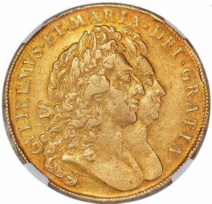 イギリス　1692年　5ギニー 金貨　ウィリアム&メアリー　XF45　NGC鑑定評価　（5guineas、ウイリアム＆メアリー ）