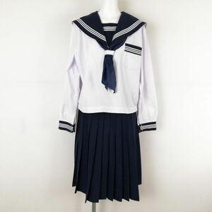 1円 セーラー服 スカート スカーフ 上下3点セット 大きいサイズ 富士ヨット 中間服 白3本線 女子 島根安来第一中学 白 中古 ランクC EY9939