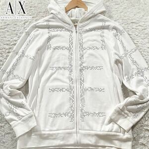 美品/L相当●アルマーニ エクスチェンジ ラインストーン スタッズ ジップパーカー ジャケット ARMANI EXCHANGE 羽織り 裏地パイル 白