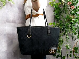 ●超美品●GUCCI グッチ●ニューブリット●GGキャンバス カーフ レザー 本革●トート バッグ●黒●G金具●肩掛け●B5 書類 かばん●Js46144