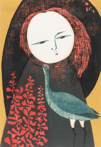 (真作) 版画家「高木志朗」作 『サルビアと少女』 1975 94/200　a717