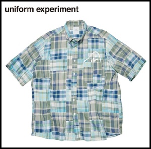 美品 uniform experiment 22SS S/S BIG B.D SHIRT ロゴ プリント チェック パッチワーク 切替 半袖 ビッグ ボタンダウン シャツ 2 SOPHNET