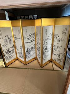 A2-231 金屏風 水墨画 蔵出し品　骨董品　屏風　山水図 落款有り　長期保管品