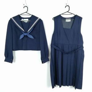 1円 セーラー服 ジャンパースカート スカーフ 上下3点セット 指定 大きいサイズ 特大 冬物 白3本線 女子 中学 高校 紺 中古 ランクB EY8157