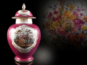 【雲】西洋アンティーク マイセン Meissen 色絵金彩花人物絵付蓋付花瓶 飾壺 高さ約38.5cm 古美術品(フラワーベース旧家蔵出)Y424 DThbvg