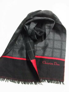 綺麗 Christian Dior クリスチャンディオール ビンテージ ロゴ刺繍 ウール マフラー 小物 黒ｘグレー