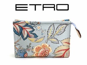 4万新品◆エトロ◆イタリア製 フラワー柄 マルチユースジップ開閉型ポーチ 淡青系マルチカラー【ETRO】1円