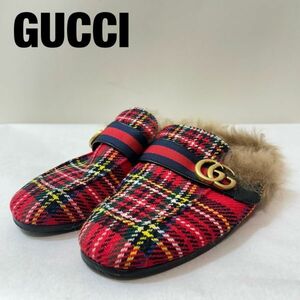 X0010★20 高級 美品 GUCCI グッチ メンズ ファー GG マーモット 金具 総柄 チェック ローファー サンダル シューズ 靴 7サイズ