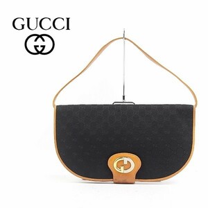 ヴィンテージ◆GUCCI/オールド グッチ キャンバス×レザー GG柄 ロゴ金具 肩掛け ワンショルダー バッグ ブラック×キャメル