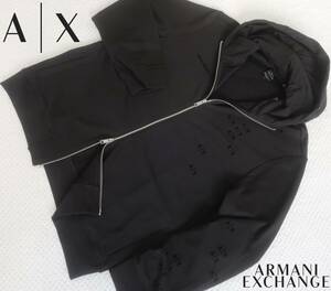 新品★アルマーニ★オーバーサイズ★オーガニック ブラック パーカ★前開き カットソー★17 ロゴ★アウター 黒 XL★AX☆184