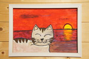 【夕日と猫】手描き 肉筆 クレヨン画 絵画 A4サイズ 715,Crayon painting, oil pastel painting, original art