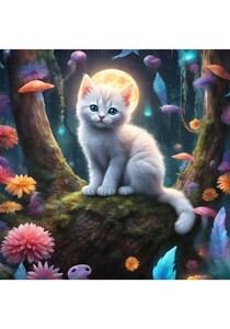 子猫　魚　森　貝殻　ねこ　イラスト 絵画　絵　インテリア　Ｌ版プリント ★NO111