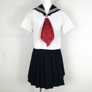 1円 セーラー服 スカート スカーフ 上下3点セット 夏物 白3本線 女子 学生服 東京大妻中学 白 制服 中古 ランクC NA0747