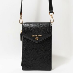 【1円スタート】良品 MICHAEL KORS マイケルコース スマホショルダー 斜めがけ スマホポーチ ブラック 黒 ゴールド金具 レザー カード収納