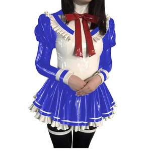 8カラーの中から選べる コスプレ衣装 コスチューム ミニドレス セクシー フェイクラテックス フレンチ メイド フリル PVC 制服 S-7XL：po72