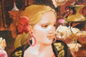 外国の女性を描いて一世を風靡した人気画家です。小さな絵ですが完成度の高い華やかで楽しい作品です！　斎藤三郎 　「娘」　 油彩画　　SM