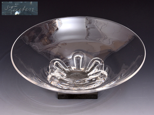 アメリカ STEUBEN GLASS スチューベンガラス クリスタル鉢 径：３４cm 大型 高台付 ボウル 工芸ガラス 布袋 しおり　b7539s