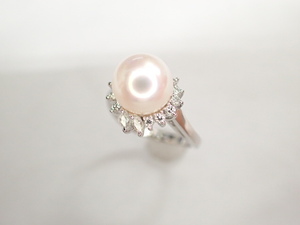 美品 田崎真珠 タサキ Pt900 パール約8.1mm珠 ダイヤ計0.21ct デザイン リング 指輪