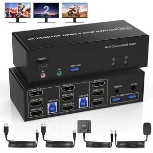 2 HDMI + DisplayPort USB 3.0 KVMスイッチ 3モニター 2PC 2台のコンピュータ用スイッチ