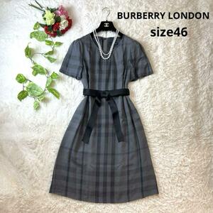 大きいサイズ★BURBERRY LONDON バーバリーロンドン　ワンピース　46 3XL ノバチェック　メガチェック　リボン グレー 黒 リボン Ａライン