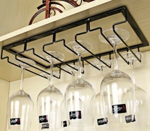 ワイングラスホルダー グラスハンガー 吊り下げ式 シンプル (4列タイプ, ブラック)