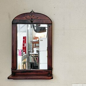 ◎ ジャパンビンテージ Japan Vintage 木製ウォールミラー 壁掛け鏡 40×64cm 棚付 木味 古家具 昭和レトロ