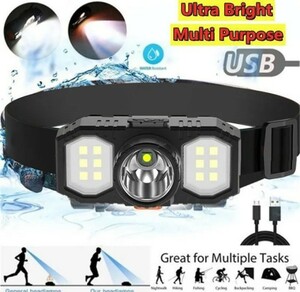 ヘッドライト USB充電式 LED+COB 高輝度 防水 90°可動式 サイズ調整可能 アウトドア 釣りライト　送料無料