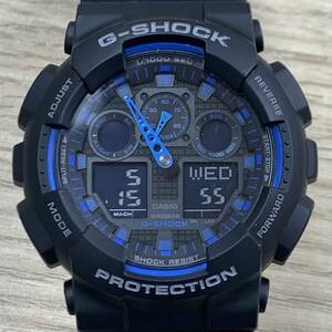 #10442 G-SHOCK ジーショック CASIO カシオ 腕時計 GA-100 アナデジ デジアナ クォーツ ブラック 黒×青 美品 メンズ 稼働