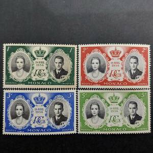 J464 モナコ切手「レーニエ3世国王(1923-2005年)とグレース・ケリー(1929-1982年)の結婚記念切手4種セット」1956年発行　未使用