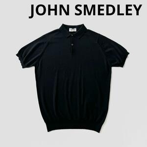 JOHN SMEDLEY ジョンスメドレー ウール コットン ニットポロ ポロシャツ L ブラック 黒 ハイゲージ ニット セーター 毛 綿 半袖 国内正規